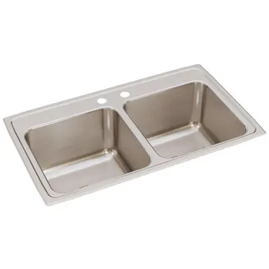 Shop Now ELKAY DLR3319102 Lustertone Classic Stainless Steel 33" x 19-1/2" x 10-1/8", 2-Hole Equal Double Bowl Drop-in Sink
