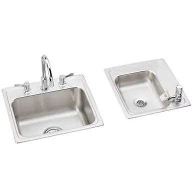 Professional Grade ELKAY DRKR23417RC Lustertone Classic Stainless Steel 34" x 17" x 7-5/8", Double Bowl Drop-in Classroom Sink+Faucet/Bubbler Kit