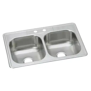 ELKAY DSE233222 Dayton Stainless Steel 33" x 22" x 8-1/16", 2-Hole Equal Double Bowl Drop-in Sink Order Now