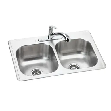 ELKAY DSE233223DFBG Dayton Stainless Steel 33" x 22" x 8-1/16", 3-Hole Equal Double Bowl Drop-in Sink and Faucet Kit Bargain