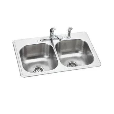 While Supplies Last ELKAY DSE233224DF Dayton Stainless Steel 33" x 22" x 8-1/16", 4-Hole Equal Double Bowl Drop-in Sink and Faucet Kit