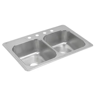Reduced Price ELKAY DXR33224 Dayton Stainless Steel 33" x 22" x 8-3/16", 4-Hole Equal Double Bowl Drop-in Sink