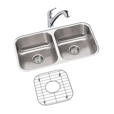 ELKAY DXUH3118DFBG Dayton Stainless Steel 31-3/4" x 18-1/4" x 8", Equal Double Bowl Undermount Sink and Faucet Kit with Bottom Grid Premium