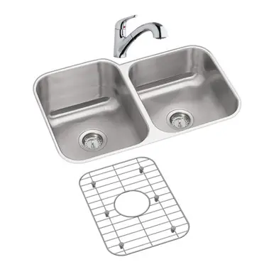 Free Delivery ELKAY DXUH312010RDFBG Dayton Stainless Steel 31-3/4" x 20-1/2" x 10", 60/40 Double Bowl Undermount Sink and Faucet Kit with Bottom Grid