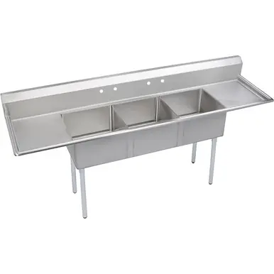 ELKAY E3C24X24-2-24X Dependabilt Stainless Steel 124" x 29-13/16" x 43-3/4" 18 Gauge Three Compartment Sink w/ 24" Left and Right Drainboards & Stainless Steel Legs Top Pick