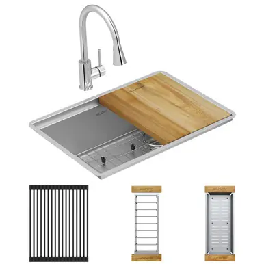 Bargain ELKAY ECTRU24169RTFCW Crosstown 18 Gauge Workstation Stainless Steel, 25-1/2" x 18-1/2" x 9" Single Bowl Undermount Sink & Faucet Kit