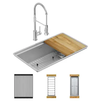 Mega Sale ELKAY ECTRU30169RTFCW Crosstown 18 Gauge Workstation Stainless Steel, 31-1/2" x 18-1/2" x 9" Single Bowl Undermount Sink & Faucet Kit