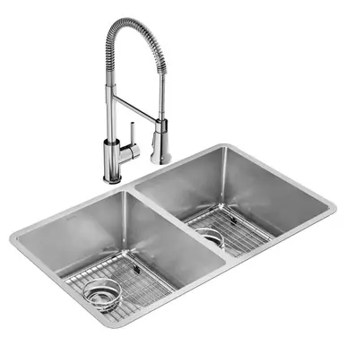 Discount ELKAY ECTRU31179TFC Crosstown 18 Gauge Stainless Steel 31-1/2" x 18-1/2" x 9", Equal Double Bowl Undermount Sink Kit with Faucet