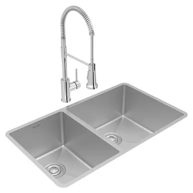 ELKAY ECTRU32179LTFCC Crosstown 18 Gauge Stainless Steel 31-1/2" x 18-1/2" x 9", 40/60 Double Bowl Undermount Sink & Faucet Kit with Drain Discount
