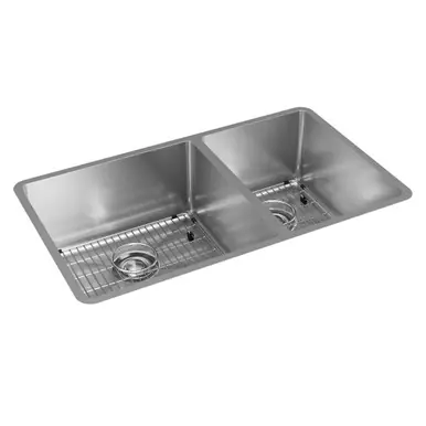 Worldwide Shipping ELKAY ECTRU32179RTC Crosstown 18 Gauge Stainless Steel 31-1/2" x 18-1/2" x 9", 60/40 Double Bowl Undermount Sink Kit