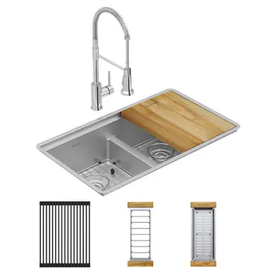 Same Day Shipping ELKAY ECTRUA31169TFCW Crosstown 18 Gauge Workstation Stainless Steel, 31-1/2" x 18-1/2" x 9" Equal Double Bowl Undermount Sink & Faucet Kit with Aqua Divide
