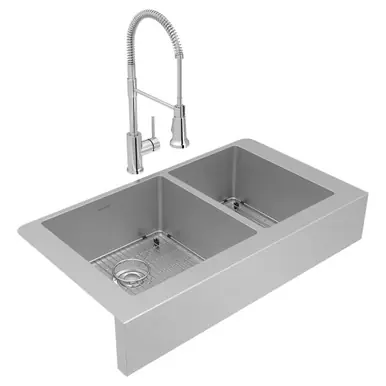 Premium ELKAY ECTRUF32179RFBC Crosstown 18 Gauge Stainless Steel 35-7/8" x 20-1/4" x 9", 60/40 Double Bowl Farmhouse Sink & Faucet Kit with Bottom Grid & Drain