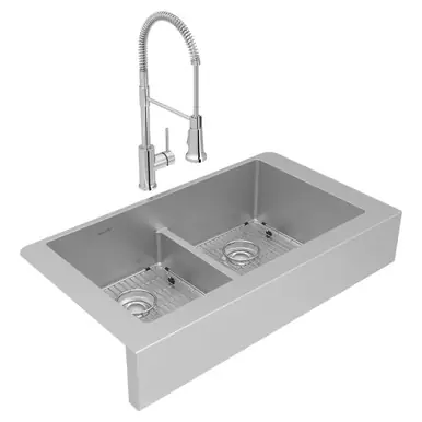Buy Online ELKAY ECTRUFA32179FBC Crosstown 18 Gauge Stainless Steel 35-7/8" x 20-1/4" x 9", Equal Double Bowl Farmhouse Sink & Faucet Kit with Aqua Divide & Bottom Grid & Drain
