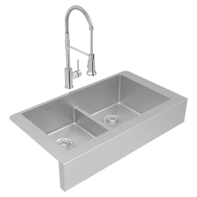 Certified ELKAY ECTRUFA32179FCC Crosstown 18 Gauge Stainless Steel 35-7/8" x 20-1/4" x 9", Equal Double Bowl Farmhouse Sink & Faucet Kit with Aqua Divide & Drain