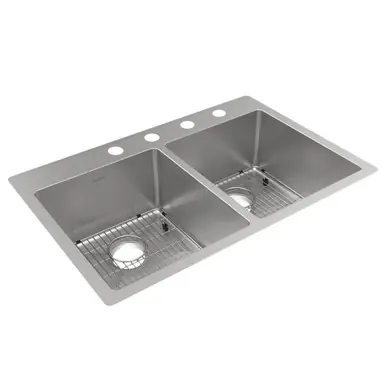 Hot Deal ELKAY ECTSR33229TBG4 Crosstown 18 Gauge Stainless Steel 33" x 22" x 9", 4-Hole Equal Double Bowl Undermount or Drop-in Sink Kit