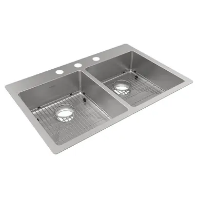 ELKAY ECTSRAD33226TBG3 Crosstown 18 Gauge Stainless Steel 33" x 22" x 6", 3-Hole Equal Double Bowl Undermount or Drop-in ADA Sink Kit Hassle-Free Returns