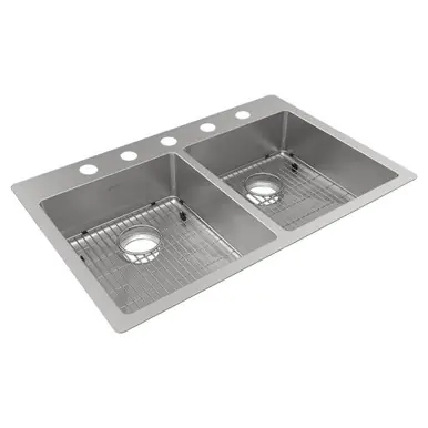 Instant Buy ELKAY ECTSRAD33226TBG5 Crosstown 18 Gauge Stainless Steel 33" x 22" x 6", 5-Hole Equal Double Bowl Undermount or Drop-in ADA Sink Kit