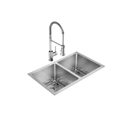 Fresh Stock ELKAY EFRU311810TFC Crosstown 16 Gauge Stainless Steel, 30-3/4" x 18-1/2" x 10" Equal Double Bowl Undermount Sink Kit with Faucet
