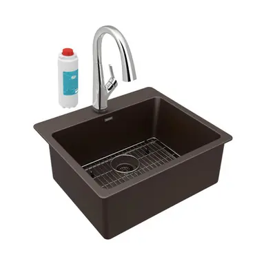 Fresh Stock ELKAY ELG2522MC0FLC Quartz Classic 25" x 22" x 9-1/2", Single Bowl Drop-in Sink Kit with Filtered Faucet, Mocha
