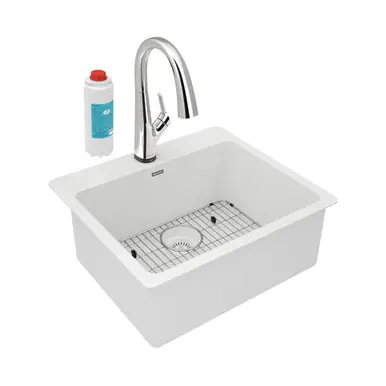 Fresh Stock ELKAY ELG2522WH0FLC Quartz Classic 25" x 22" x 9-1/2", Single Bowl Drop-in Sink Kit with Filtered Faucet, - White
