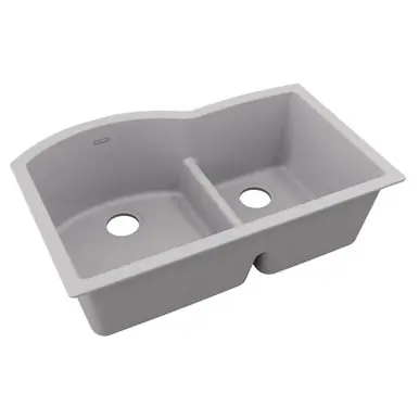 Same Day Shipping ELKAY ELGHU3322RGS0 Quartz Classic 33" x 22" x 10", Offset 60/40 Double Bowl Undermount Sink with Aqua Divide, Greystone