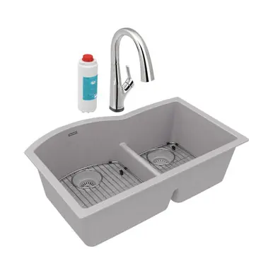 ELKAY ELGHU3322RGSFLC Quartz Classic 33" x 22" x 10", Offset 60/40 Double Bowl Undermount Sink Kit with Filtered Faucet with Aqua Divide, Greystone Popular
