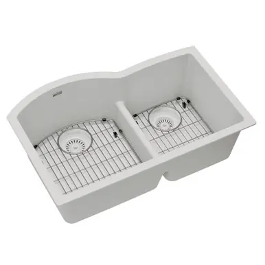 Special Offer ELKAY ELGHU3322RWH0C Quartz Classic 33" x 22" x 10", Offset 60/40 Double Bowl Undermount Sink Kit with Aqua Divide, - White