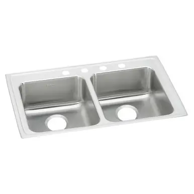 Time-Limited ELKAY LRAD3319654 Lustertone Classic Stainless Steel 33" x 19-1/2" x 6-1/2", 4-Hole Equal Double Bowl Drop-in ADA Sink