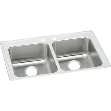 Latest ELKAY LRAD3321602 Lustertone Classic Stainless Steel 33" x 21-1/4" x 6", 2-Hole Equal Double Bowl Drop-in ADA Sink