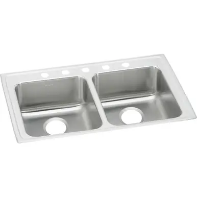 Trending ELKAY LRAD3321605 Lustertone Classic Stainless Steel 33" x 21-1/4" x 6", 5-Hole Equal Double Bowl Drop-in ADA Sink