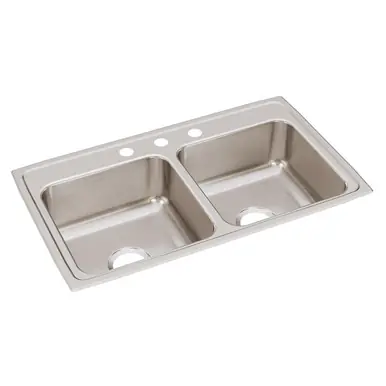 Brand New ELKAY LRQ33193 Lustertone Classic Stainless Steel 33" x 19-1/2" x 7-5/8", 3-Hole Equal Double Bowl Drop-in Sink with Quick-clip