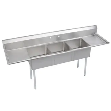 ELKAY S3C18X18-2-18X Dependabilt Stainless Steel 90" x 23-13/16" x 43-3/4" 18 Gauge Three Compartment Sink w/ 18" Left and Right Drainboards and Stainless Steel Legs Secure Checkout