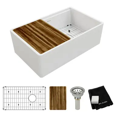 ELKAY SWUF13020CBWH Fireclay 30" x 18-13/16" x 9-5/8" Single Bowl Farmhouse Workstation Sink Kit, - White One Day Deal