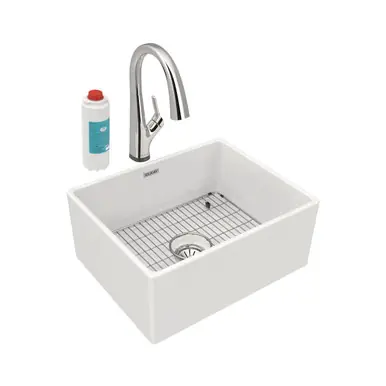 ELKAY SWUF2520WHFLC Fireclay 24-7/16" x 19-11/16" x 9-1/8" Single Bowl Farmhouse Sink Kit with Filtered Faucet, - White One Day Deal
