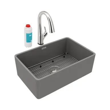 Free Delivery ELKAY SWUF28179MGFLC Fireclay 30" x 19-15/16" x 9-1/8", Single Bowl Farmhouse Sink Kit with Filtered Faucet, Matte - Gray