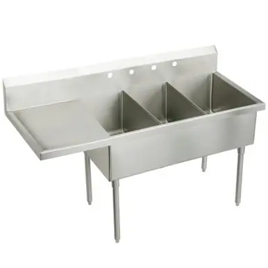Discount ELKAY WNSF8354L4 Weldbilt Stainless Steel 79-1/2" x 27-1/2" x 14" Floor Mount, Triple Compartment Scullery Sink with Drainboard