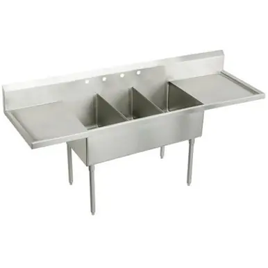Certified ELKAY WNSF8360LR4 Weldbilt Stainless Steel 108" x 27-1/2" x 14" Floor Mount, Triple Compartment Scullery Sink with Drainboard
