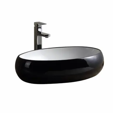 Fine Fixtures MV2416RBL Modern Round Vessel Sink 24 Inch X 16 Inch - Black Outside/ White Inside Handmade