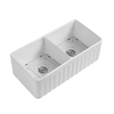 Genuine Fine Fixtures Orvieto Fireclay Kitchen Sink, Double Bowl - White - 33" x 18" - FCB3318-D