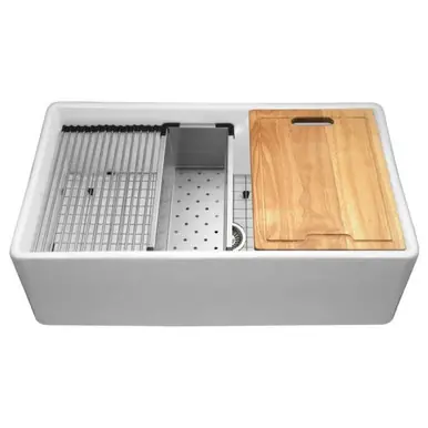 Time-Limited HamatUSA CHE-3320SAW-WH Apron-Front Fireclay Workstation Single Bowl Kitchen Sink, White - 33 x 20 inches