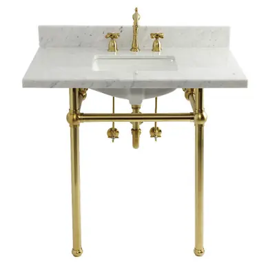 Editor’s Pick Kingston Brass 36" Carrara Marble Console Sink Set with Widespread Bathroom Faucet and Plumbing Trim Kit (8-Inch, 3 Hole), Carrara Marble/Brushed Brass - CKVPB36MBSQ7
