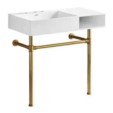 Secure Checkout Kingston Brass Aurelius 36" Solid Surface Console Sink with Stainless Steel Legs (8-Inch, 3-Hole), Matte White/Brushed Brass - KVPB3368SQA7