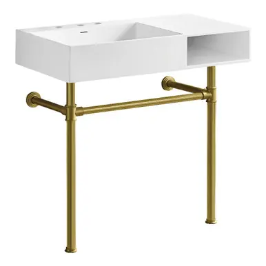 Get Yours Kingston Brass Aurelius 36" Solid Surface Console Sink with Stainless Steel Legs (8-Inch, 3-Hole), Matte White/Brushed Brass - KVPB3368SQA87