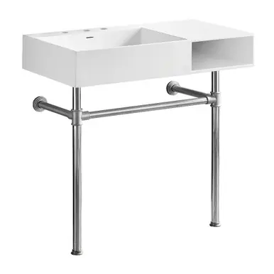 Fast Shipping Kingston Brass Aurelius 36" Solid Surface Console Sink with Stainless Steel Legs (8-Inch, 3-Hole), Matte White/Polished Chrome - KVPB3368SQA1