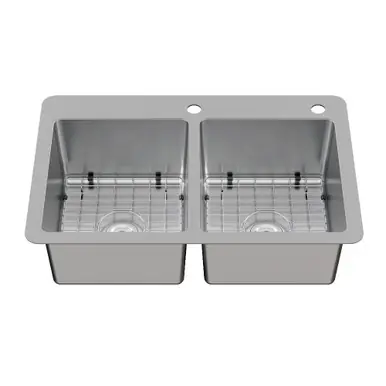 Affordable Kingston Brass Calgary 33" Stainless Steel Double Bowl Dual Mount Kitchen Sink with Drain, Brushed - GKDD332292H
