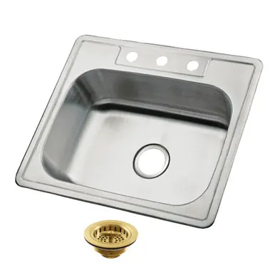 Original Kingston Brass Carefree 25" Stainless Steel Self-Rimming Single Bowl Drop-In Kitchen Sink (3-Hole) with Strainer, Stainless Steel/Brushed Brass - K25228BN7