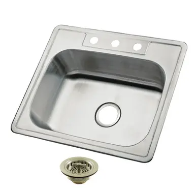 One Day Deal Kingston Brass Carefree 25" Stainless Steel Self-Rimming Single Bowl Drop-In Kitchen Sink (3-Hole) with Strainer, Stainless Steel/Brushed Nickel - K25228BN8