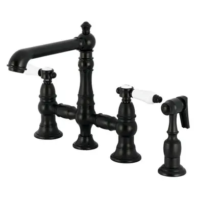 In Demand Kingston Brass Bel-Air Bridge Kitchen Faucet with Brass Sprayer, Matte Black - KS7270BPLBS