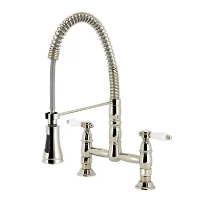 Sale Kingston Brass Bel-Air Double-Handle Deck-Mount Pre-Rinse Bridge Kitchen Faucet, Polished Nickel - GS1276BPL