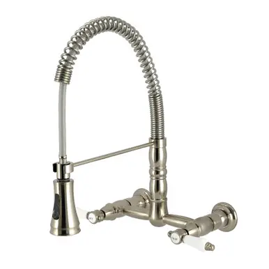 Limited Time Kingston Brass Bel-Air Double-Handle Wall-Mount Pre-Rinse Bridge Kitchen Faucet, Brushed Nickel - GS1248BPL
